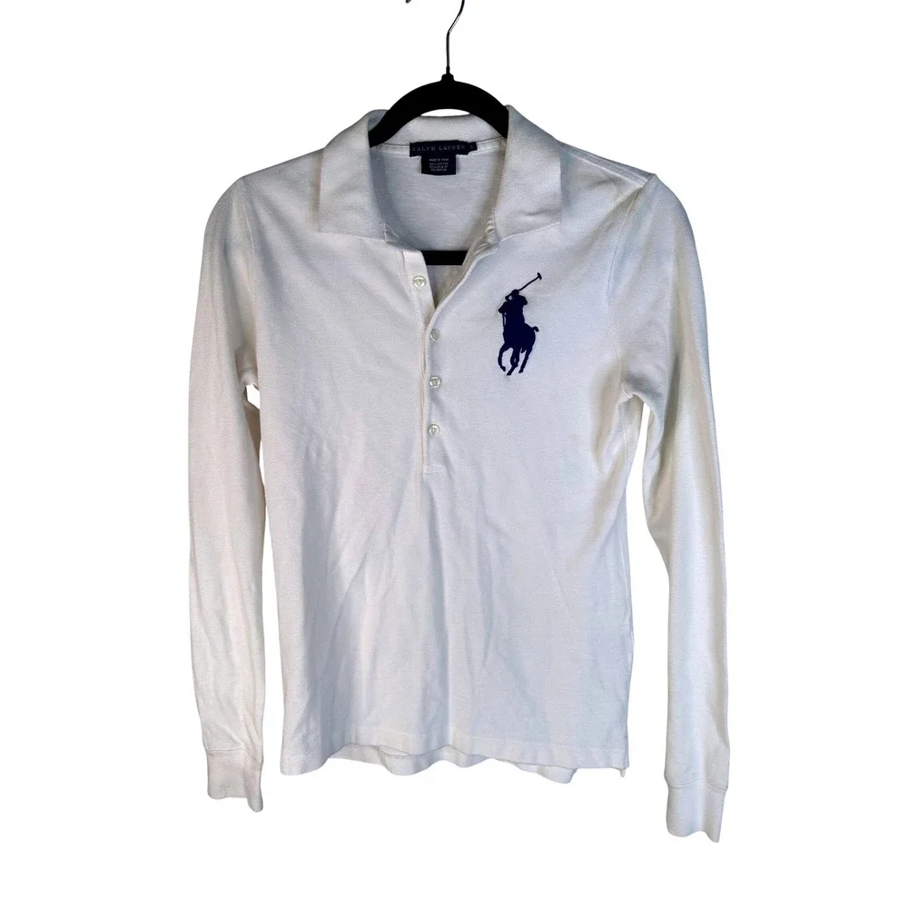 Ralph Lauren Boy's White Big Pony Long Sleeve Preppy Polo Shirt Size Small